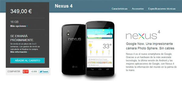 disponibilidad nexus 4 google play