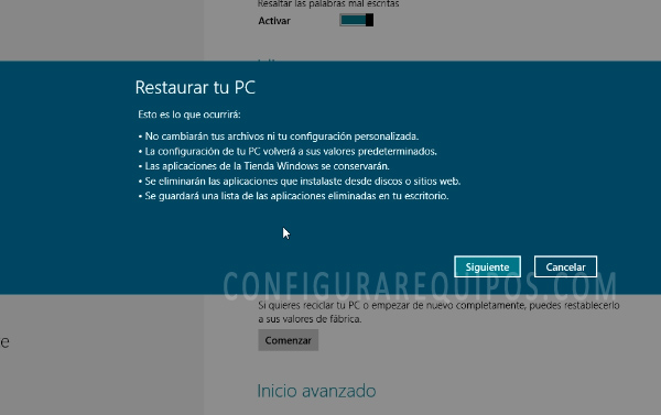 restaurar pc windows 8 archivos