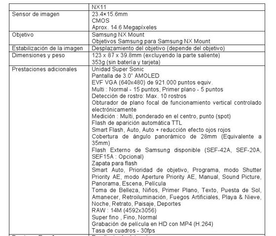 samsung nx11 caracteristicas