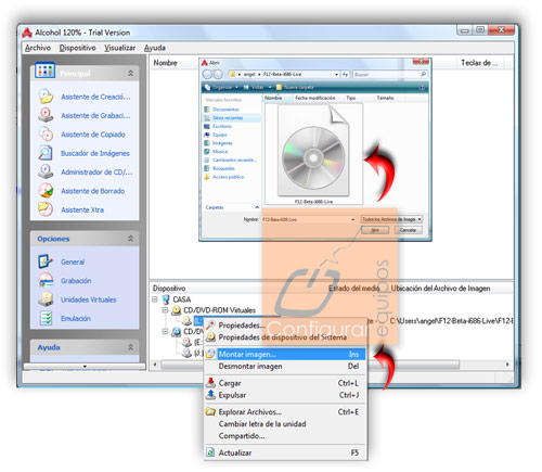 montar grabar imagen iso dvd alcohol 120 2