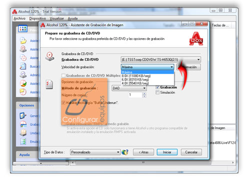 montar grabar imagen iso dvd alcohol 120 5